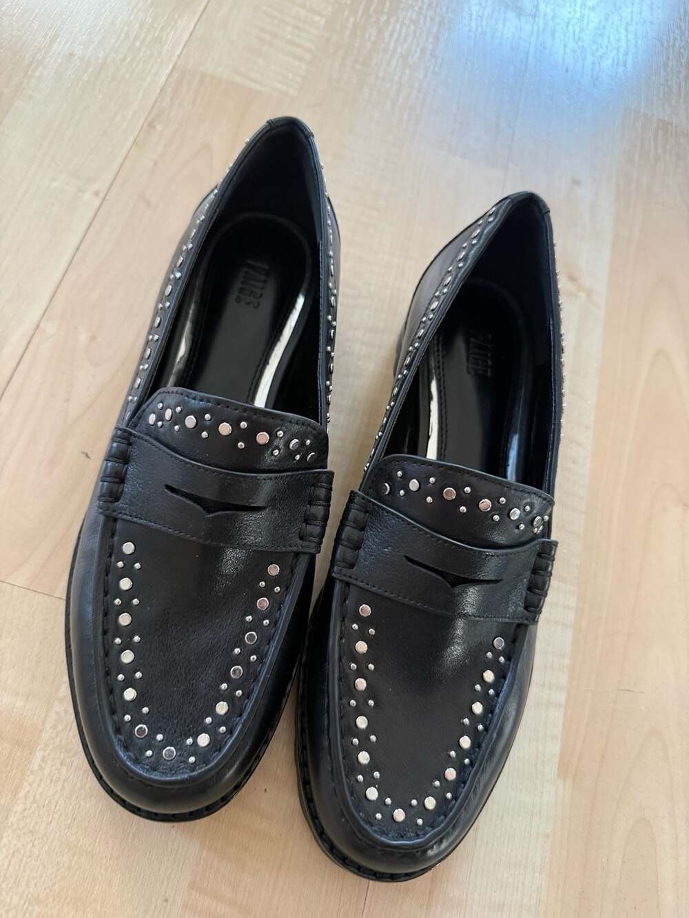 PAIGE Black Leather Studded Lug Sole Loafers
